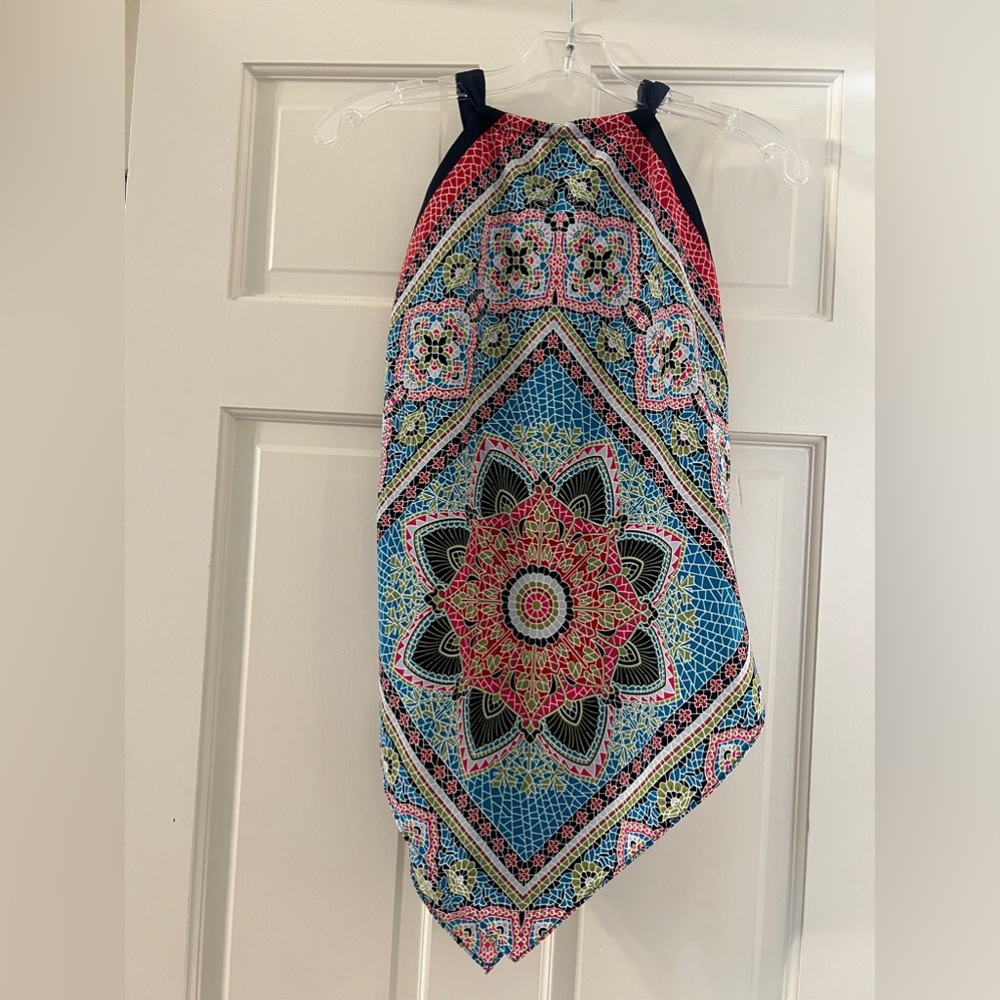 Allen B. Medallion Mandala Halter Handkerchief Flowy Summer Top